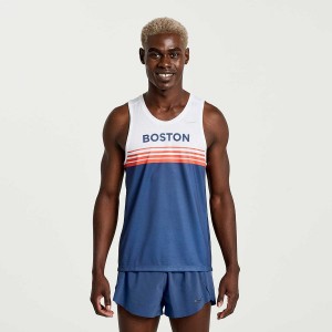 Blue / White Saucony Boston Stopwatch Singlet Men's Tank Top | Philippines S32850-D87