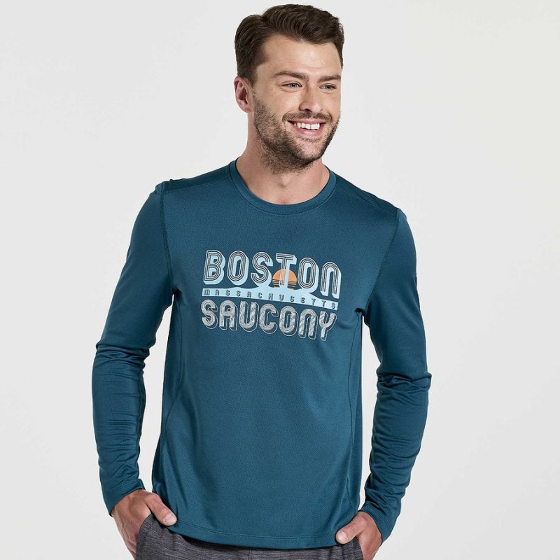 Blue Saucony Stopwatch Graphic Long Sleeve Men\'s T Shirts | Philippines S41326-R78