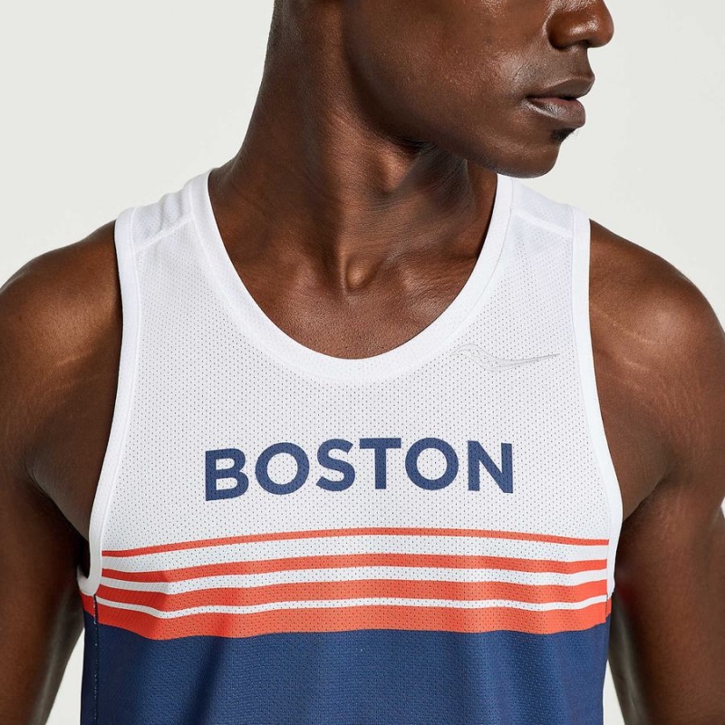 Blue / White Saucony Boston Stopwatch Singlet Men's Tank Top | Philippines S32850-D87