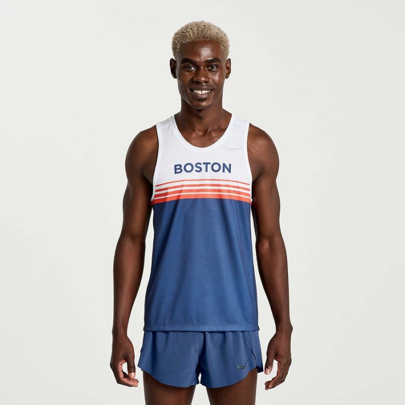 Blue / White Saucony Boston Stopwatch Singlet Men\'s Tank Top | Philippines S32850-D87