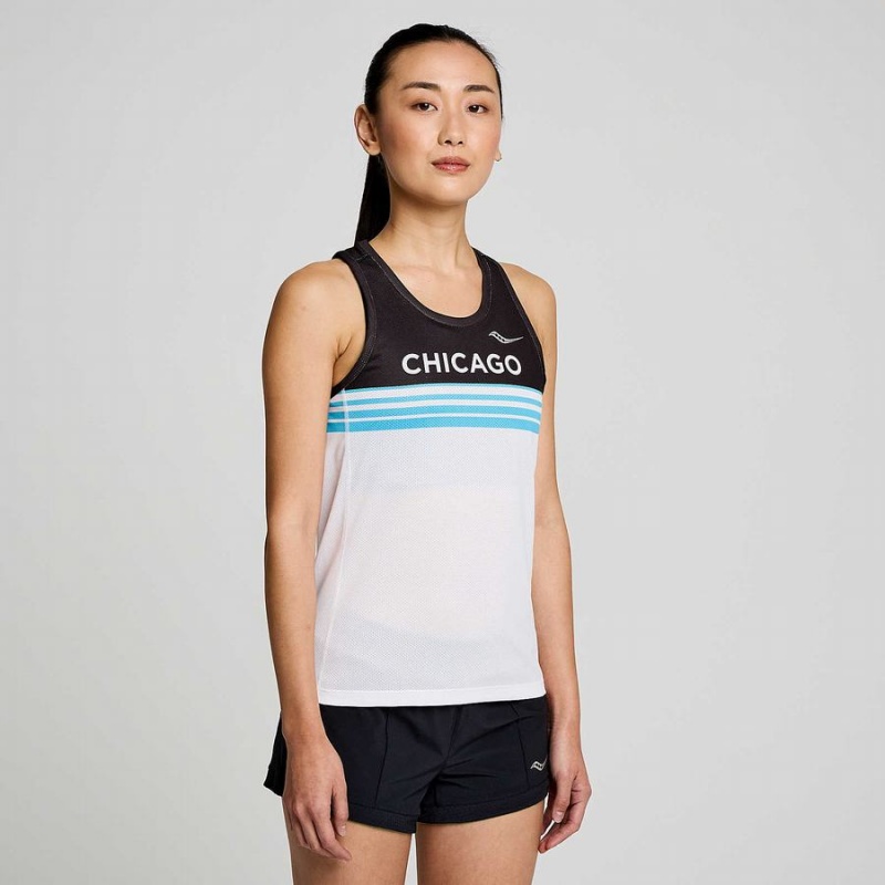 White / Black Saucony Chicago Stopwatch Singlet Women's Tank Top | Philippines S32971-C96