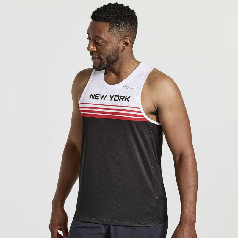 White / Black Saucony NYC Stopwatch Singlet Men\'s Tank Top | Philippines S15642-D75